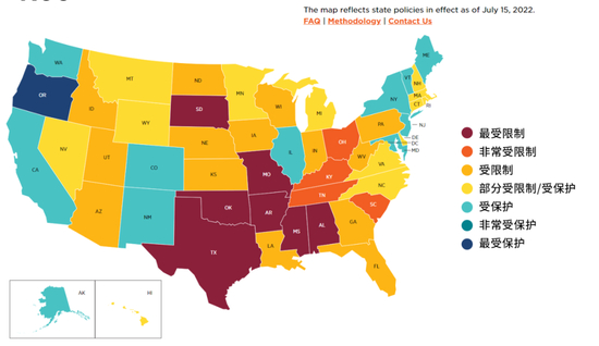 各州堕胎政策评估&nbsp;图片来源：古特马赫研究所（数据截至2022年7月15日）