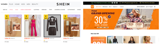 （官网首页对比，左：SHEIN，右：Temu）