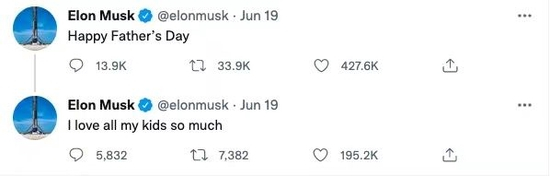 　　刚刚过去的父亲节，马斯克还在社交平台上表达了对孩子们的爱意&nbsp; 图源：社交平台