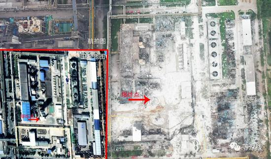 当地公布的爆炸点位C套空分装置，图中箭头处为原空分装置所在处。该车间绝大部分房屋及设备设施，被爆炸毁得荡然无存或只留下一些痕迹。卫星地图中的红色箭头上方有大致40米左右的高塔，在本次爆炸中基本荡然无存。蓝顶房屋及其上侧的房屋，被炸得只剩下几根扭曲变形的钢筋混凝土框架。&nbsp; &nbsp; &nbsp; &nbsp;《等深线》记者 &nbsp;程维&nbsp; 摄影、制图