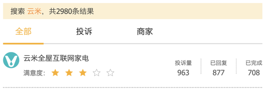 ▲黑猫投诉网站“云米全屋互联网家电”投诉量