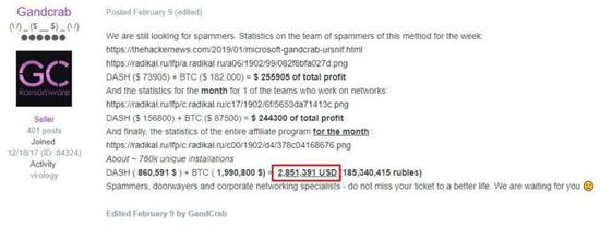 （GandCrab 收入截图）