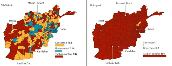 8月13日和8月16日的阿富汗局势图&nbsp;图源：BBC