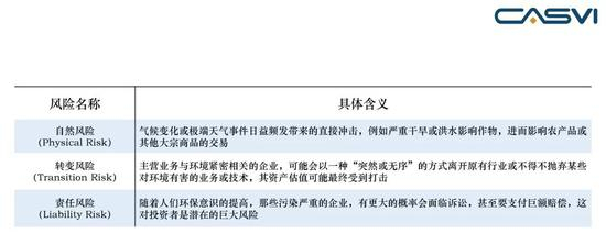表2&nbsp; 气候变化可能引发的金融风险&nbsp;&nbsp;资料来源：英格兰银行（BoE）、社会价值投资联盟（CASVI）