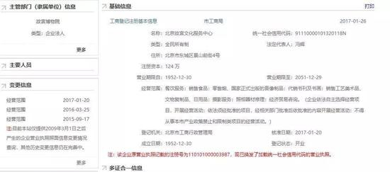“故宫文化服务中心”的工商信息 图片来自于北京市企业信用信息网