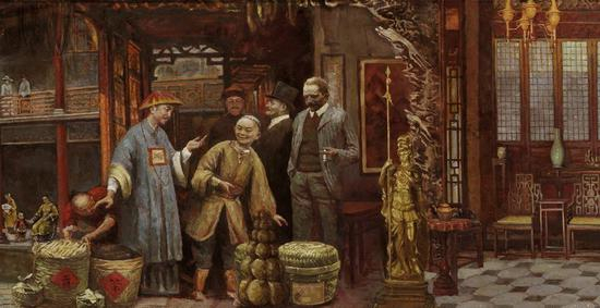 左一为当时世界首富伍秉鉴，正在和外国人谈生意。