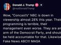 特朗普：NBC今年收视率下降了近28% 他们的节目糟糕透顶