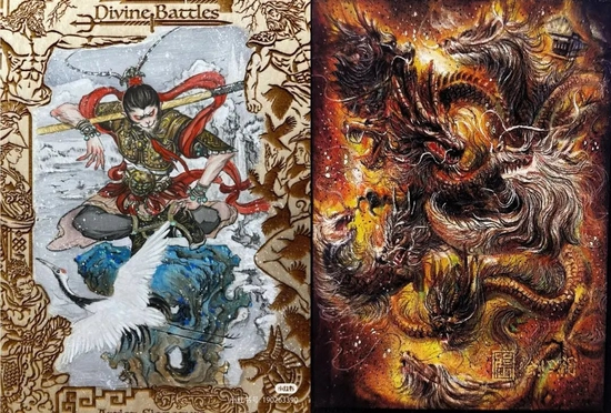 图/Ann画作（左）清泉画作《九龙拉棺》（右） 　　来源/画师Ann、清泉供图