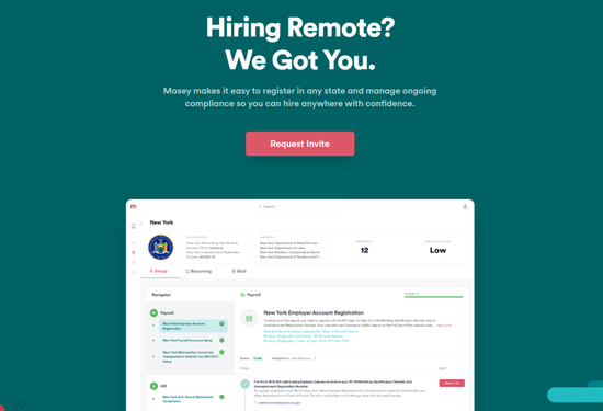 　　Mosey产品界面演示，能够显示雇主在各州的员工数、合规风险、相关业务办理入口等&nbsp;&nbsp;图片来源：Mosey