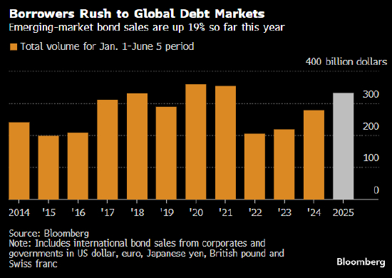 注：包括企业和政府发行的美元、欧元、日元、英镑及瑞士法郎国际债券