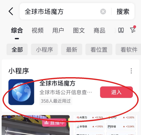 图 5　抖音搜索‘全球市场魔方’，点击‘进入’