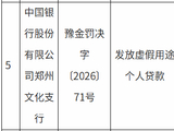 中国银行郑州自贸区分行和郑州文化支行分别被罚30万元：发放虚假用途个人贷款