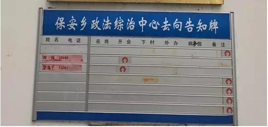保安乡政法综治中心去向告知牌第二行显示：陈服，开会。