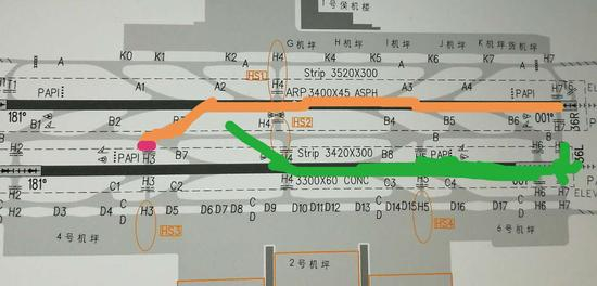 图为某机长所画当时的情况图，黄色为330飞机穿越跑道的路线，绿色为320飞机起飞线路