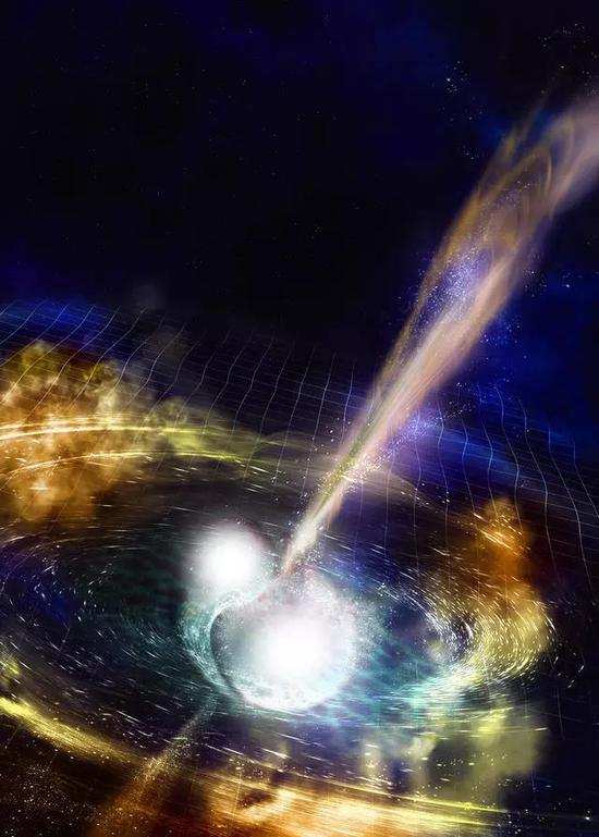 　　艺术家想象的双中子星合并时发生的猛烈爆炸。扭曲的时空网象征着爆炸发出的引力波，上下两道光柱代表的是在发出引力波仅几秒钟后会喷射出的伽马射线。图片来源：NSF/LIGO/Sonoma State University/A． Simonnet