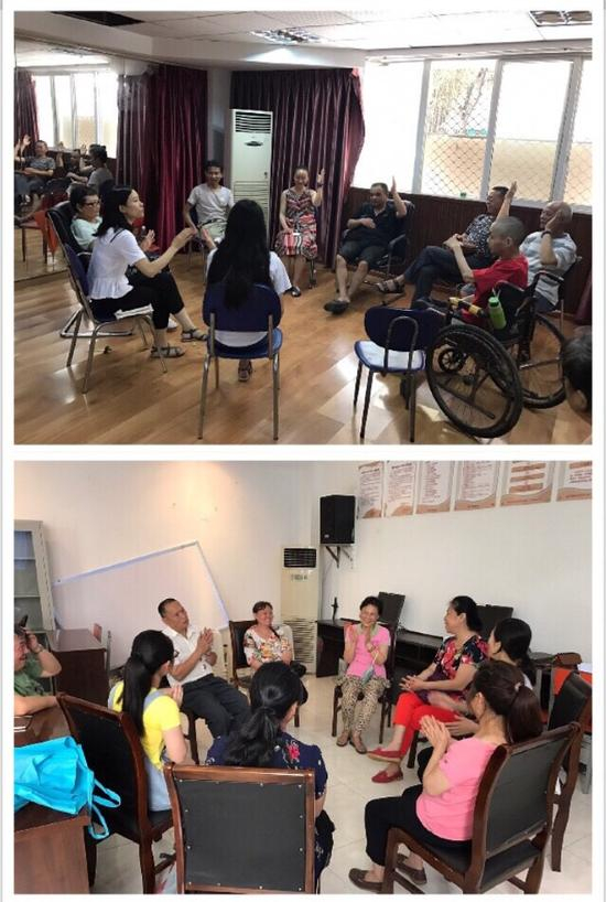 图为2017年7月6日上午、7月7日下午分别在双楠街道楠欣社区和簇桥街道百锦社区开展第二次心理帮扶活动的照片。有了第一次活动的接触，第二次活动中参与者的情绪都很好，每个环节大家都积极参与，配合度很高，总体的氛围非常和谐。