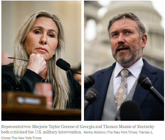 佐治亚州众议员玛乔丽・泰勒・格林与肯塔基州众议员托马斯・马西均对美国此次军事干预委内瑞拉的行动提出批评。