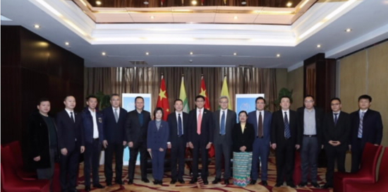 　座谈会前，缅甸驻华大使吴苗丹佩（左8）会见部分参会企业代表