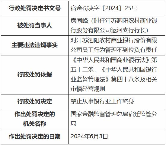 江苏泗阳农村商业银行因个人贷款管理不到位被罚75万元 时任一客户经理被禁业5年