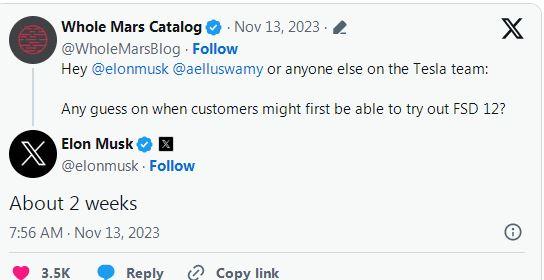 马斯克称两周内上线试用FSD最新版，网友评论：两周复两周