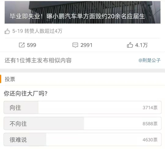 应届生被裁的热搜里关于大厂的投票 图源：微博截图