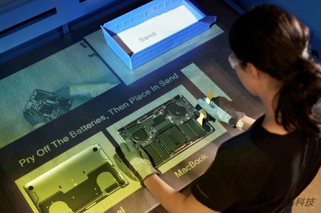 　　苹果通过基于投影仪的增强现实系统帮助回收合作伙伴拆解MacBook与iPad，该系统可将视频影像直接投放在他们的工作面上
