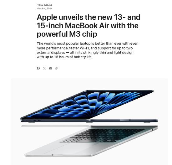 苹果推出M3芯片版MacBook Air：有13英寸和15英寸版可选_手机新浪网