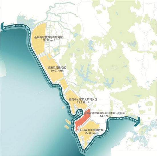 机场及周边片区 面积：30.07平方公里 范围：东至宝安大道，南至金湾大道、宝源路、碧湾路，西至海岸线，北至福永河、松福大道、福洲大道