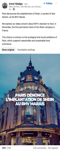 （巴黎市长对Shein入驻BVH百货的公开谴责）
