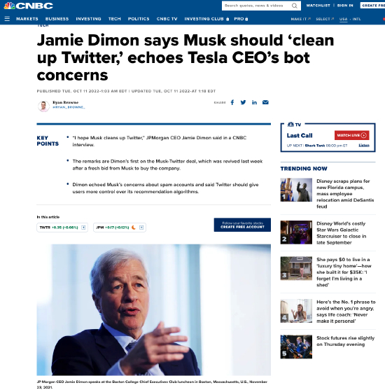  （摩根大通CEO力挺马斯克收购推特）