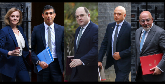 自左往右：Liz Truss、Rishi Sunak、Ben Wallace、Sajid Javid和Nadhim Zahawi。