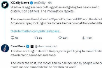 马斯克回应星链大幅降价：与亚马逊的竞争无关