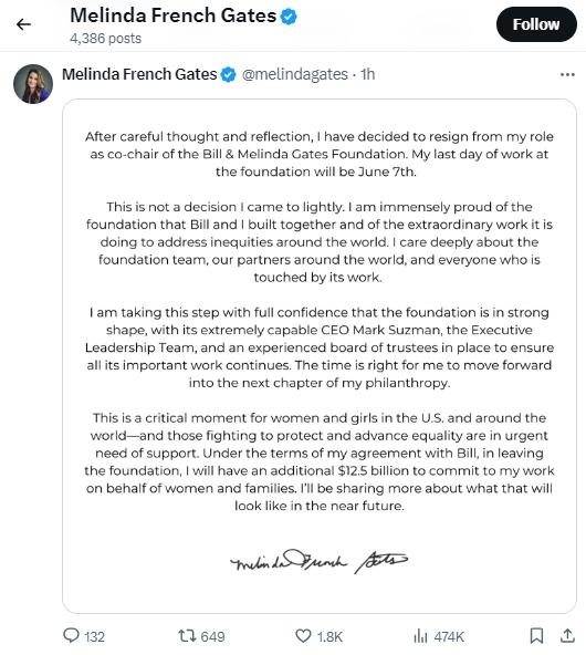 梅琳达·盖茨：已决定辞去盖茨基金会联和主席职务