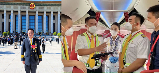 图：李雪峰在人民大会堂（左）、李雪峰将二十大精神带到新海航基层（右）