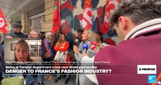 （图：10月中，法国当地电视台报道BHV工会对Shein入驻进行公开抗议）