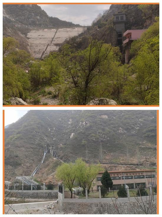 图3 &nbsp;石砭峪水库大坝及一级、二级水电站厂房的实景