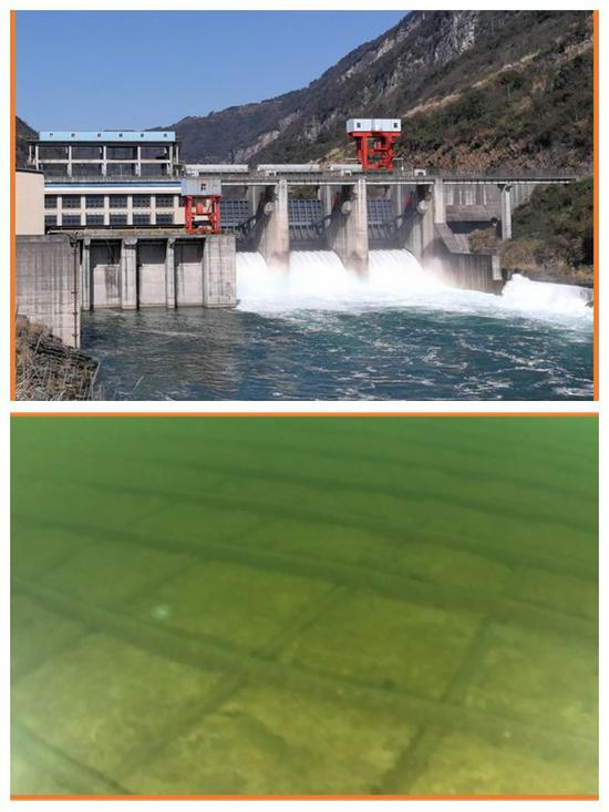 图4&nbsp;目前长潭河水库的非正常泄水方式及坝下护坦的损毁情况