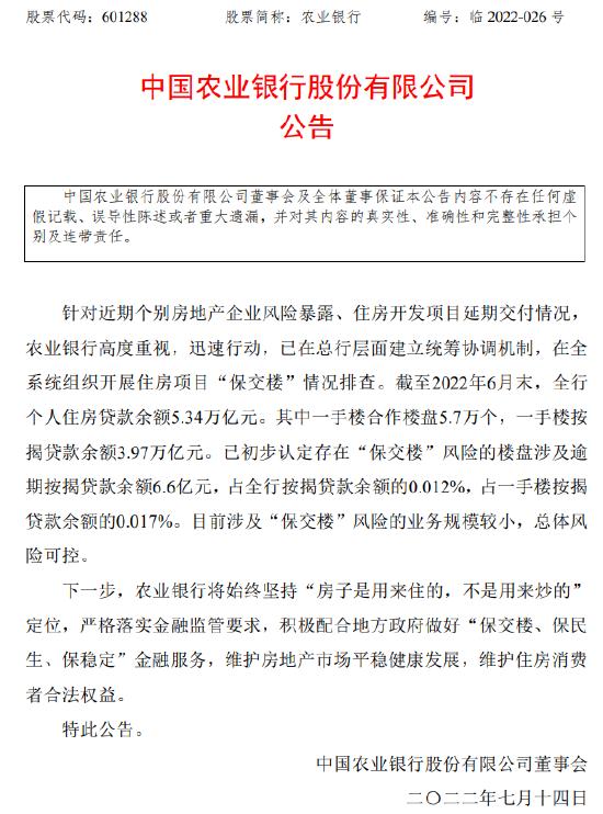 农业银行回应断供潮影响：目前涉及“保交楼”风险的业务规模较小 总体风险可控