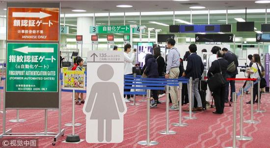 日本羽田机场为简化本国居民出入境，启用了人脸识别自动门。图片来源/视觉中国
