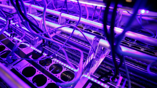 TMG Core 展台的液体浸没式冷却矿槽中的加密货币矿机。