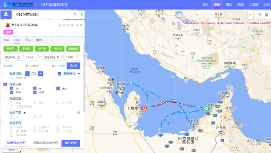 图：航线 迪拜-卡塔尔多哈-巴林-阿布扎比-萨巴尼亚岛-迪拜； 资料来源：船视宝，申万宏源研究