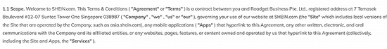 SHEIN在官网上标明其运营主体为Roadget Business Pte. LTD.
