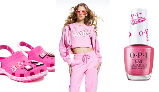 《芭比》联名产品，从左至右依次为Crocs、Zara、OPI
