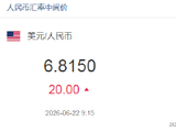 人民币中间价报6.8150，下调20点