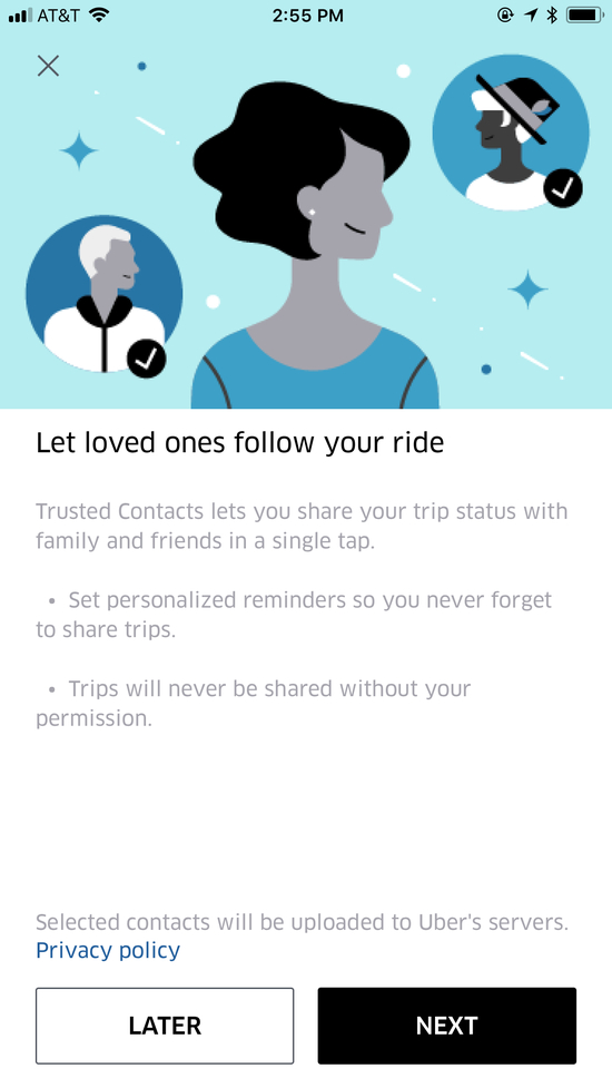 （图为Uber设置可信联系人的界面）