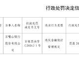石嘴山银行被罚20万元：违反金融统计管理规定