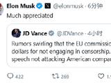万斯批评欧盟拟对X处以数亿美元罚款，马斯克表示感谢