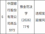 中国银行商丘分行被罚35万元：违规发放贷款延缓风险暴露
