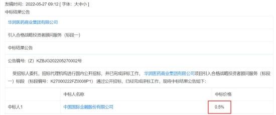 券商5毛钱中标华润医药顾问项目？中金公司：系网站错误，中标价格实为0.5%