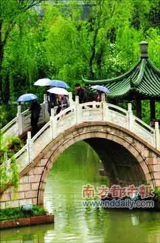 飘雨的瘦西湖温婉多情,吸引着游人的脚步。